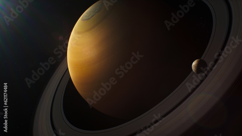 Illustration of Saturn and its moon Mimas, Dione or Titan rotating in dark outer space. Mysterious Saturn rings. Sun rays and stars on background. Solar system planet. Universe exploration. photo