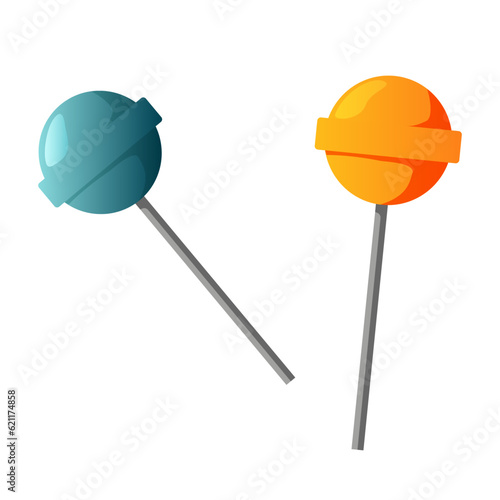 Orange  and blue chupa chups. Glossy lollipop sweet candy, colorful illustration on white background. Vector illustration