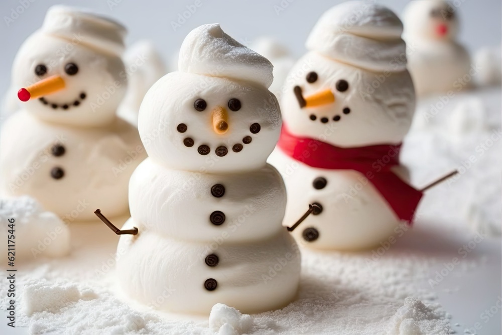group of snowmen standing together in a snowy landscape. Generative AI group of snowmen standing together in a snowy landscape. Generative AI