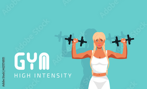 Fitness girl in gym, barbells dumbbells fitness, crossfit logo