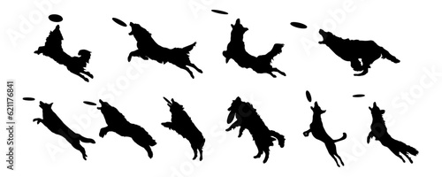 Set of frisbee dog silhouettes on white background. Dog catches the disc silhouette vector illustration