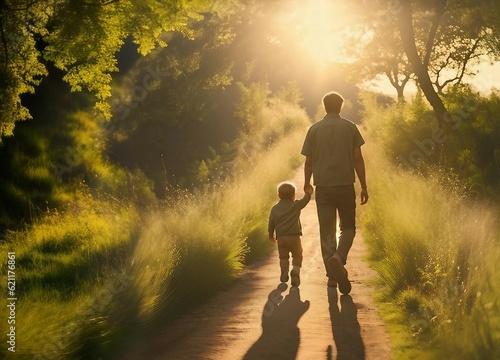 A man walks with his children on a path with the sun shining, fathers day concept