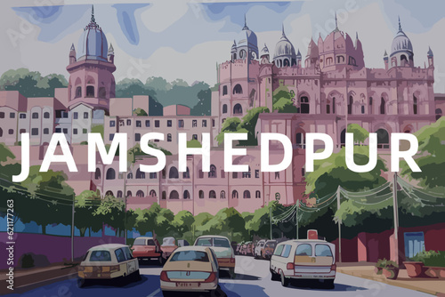 Beautiful watercolor painting of an Indian scene with the name Jamshedpur in Jharkhand