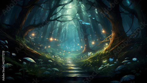 glowing blue fairy forest night landscape with fireflies