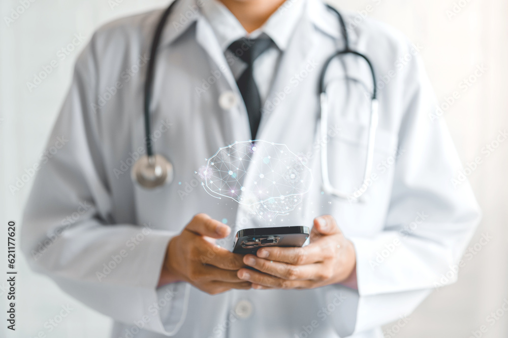 Future of Healthcare. Medical technology, Futuristic Ai icon medical AI technology is utilized by doctors for diagnosing increasing the accuracy of patient treatments. Future of Healthcare. Medical technology, Futuristic Ai icon medical AI technology is utilized by doctors for diagnosing increasing the accuracy of patient treatments.