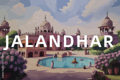 Beautiful watercolor painting of an Indian scene with the name Jalandhar in Punjab photo