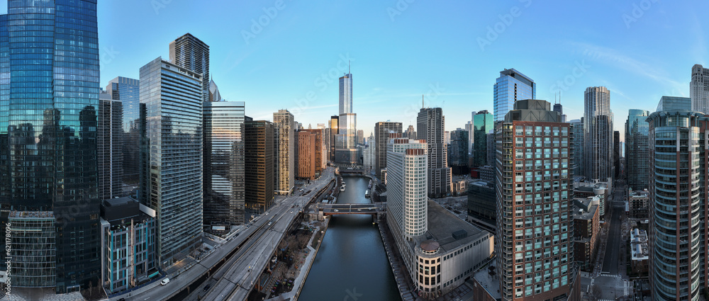 Cityscape of Chicago Riverwalk at Dusable bridge over Michigan river , Chicago city, USA