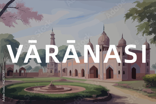 Beautiful watercolor painting of an Indian scene with the name Vārānasi in Uttar Pradesh