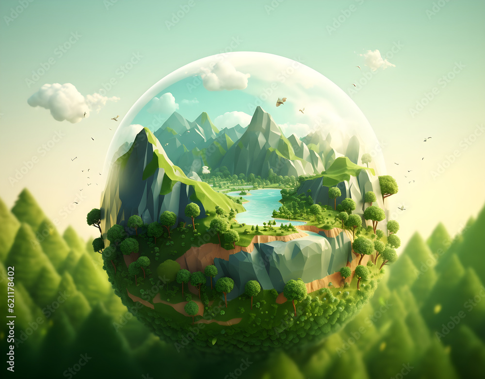 Planet style landscape globe with mountains trees and lake
