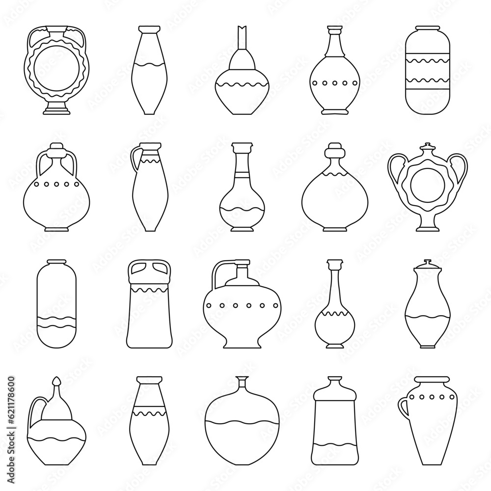 Outline vases and pots collection. Set ceramic jar in minimalist linear style. Vector illustration with bowl for liquids of various shapes. Vase pottery with decorative elements Outline vases and pots collection. Set ceramic jar in minimalist linear style. Vector illustration with bowl for liquids of various shapes. Vase pottery with decorative elements