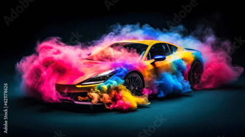 car with colored smoke on a black background. generative ai