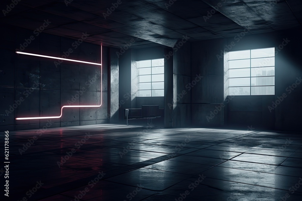 dimly lit room with ambient light coming from two windows and a neon strip. Generative AI