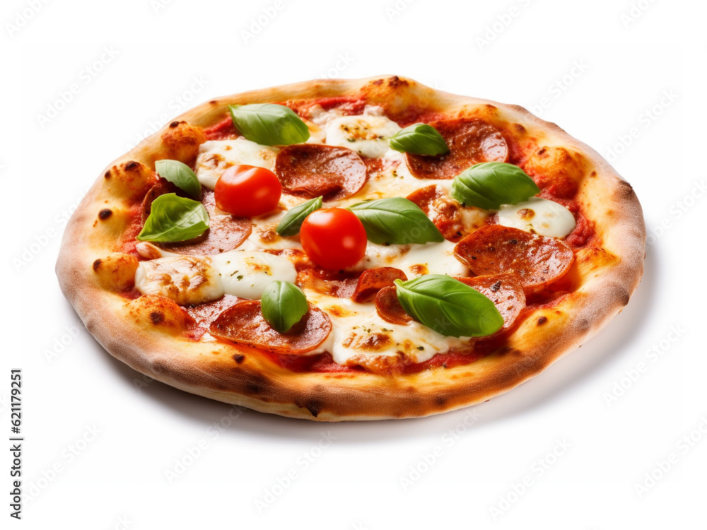 Authentic Italian pizza prepared with tangy tomato sauce, melted mozzarella cheese, and fresh basil leaves. Perfectly baked and served hot, embodying Italy's culinary charm.