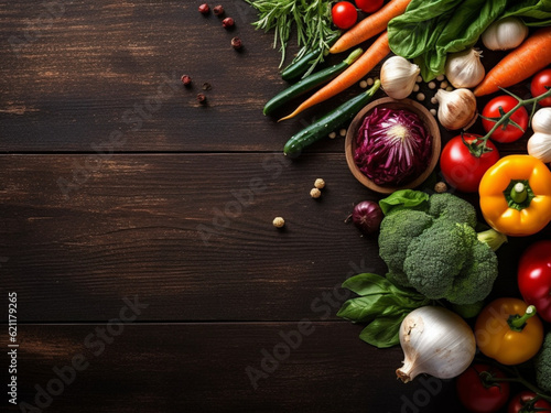 Italian healthy food. Vegetables. placed on the right side of the picture, on a black wooden background. From above. Copy space.