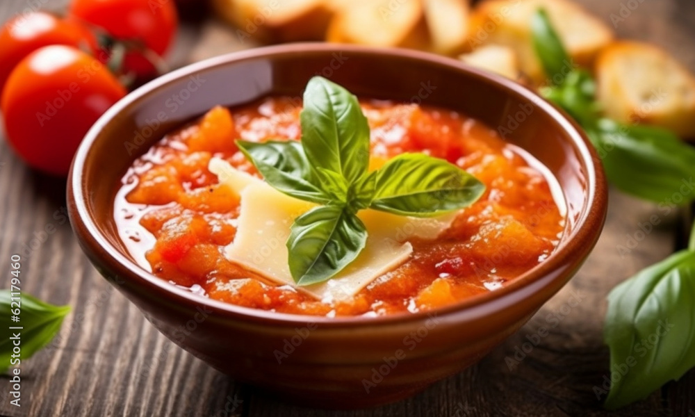 Delicious Italian tomato sauce close-up in a bowl with basil, on a wooden background