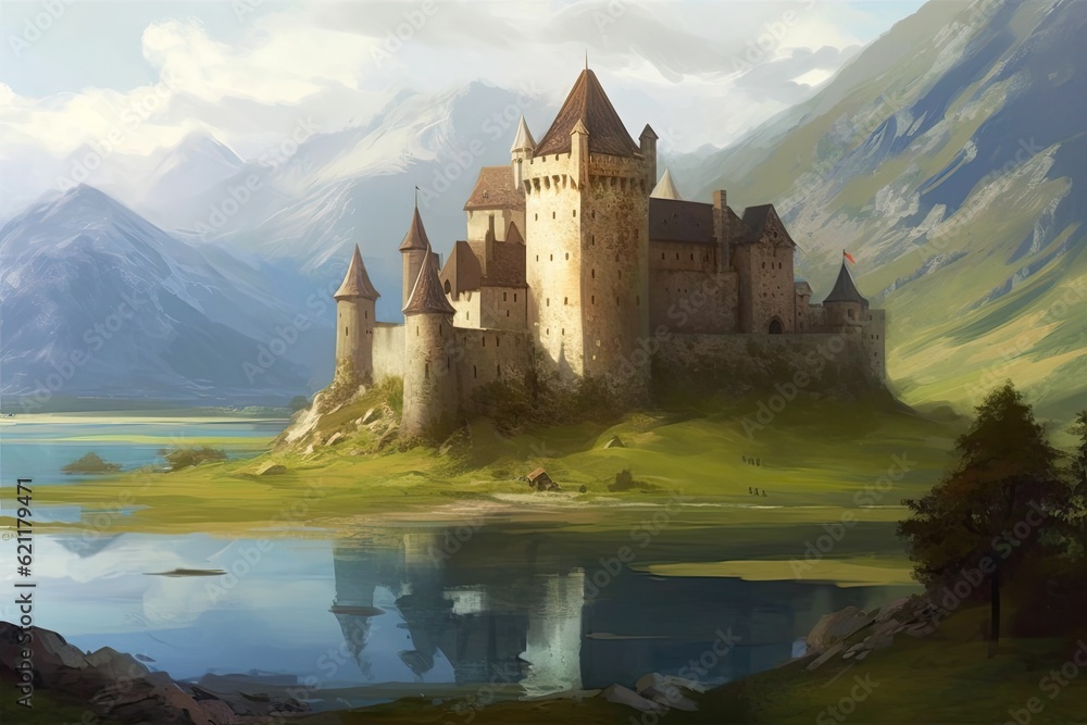 castle standing in the middle of a serene lake surrounded by mountains and trees. Generative AI