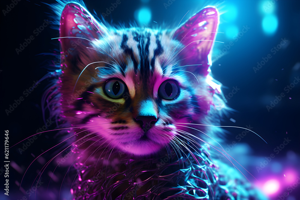 Fototapeta black light cyberpunk kitten portrait UV ultra violet glow