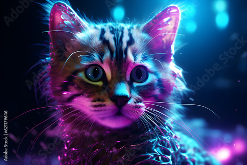 black light cyberpunk kitten portrait UV ultra violet glow