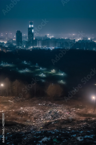 AI generative panoramic image of big city suburbs at night covered with piles of garbage. Waste pollution problem concept image