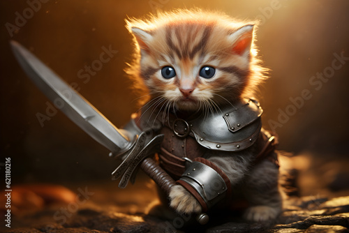 Tela kitten knight wearing suit of armour holding claymore sword
