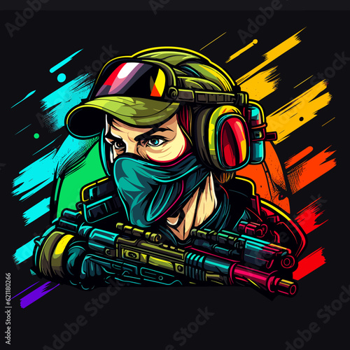 Military man sniper with airsoft automatic rifle. Cartoon vector illustration.