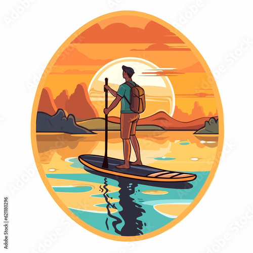 Stand up paddle board man paddleboarding. Summer holidays vacation travel. Cartoon vector illustration.