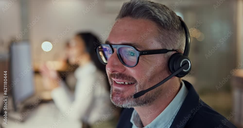 Contact center agent, negotiation and man consulting with advice, lead generation or help desk worker with sales. Phone call, telecom and customer support consultant with deal info at service agency.