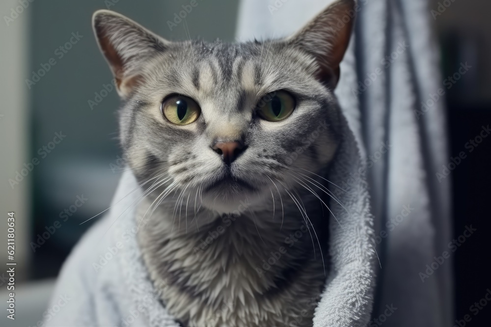 gray cat wrapped in a towel. Generative AI gray cat wrapped in a towel. Generative AI