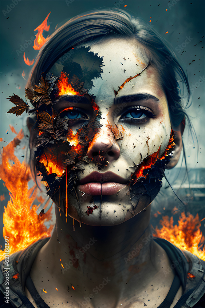 Portrait of a young woman on fire. Woman dirty face from smoke. Fire background. Generative AI