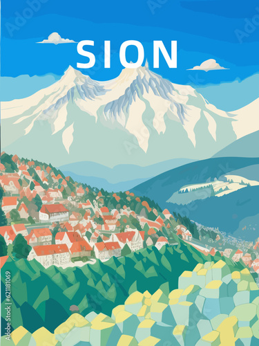 Sion: Retro tourism poster with a Swiss landscape and the headline Sion in Valais