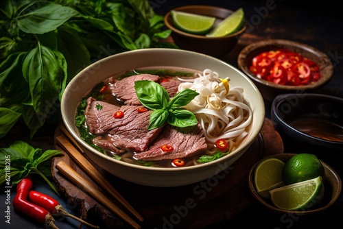 steaming bowl of Vietnamese Pho, this traditional noodle soup with thinly sliced beef, fresh herbs, and lime on the side