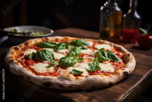  traditionally made Italian pizza, fresh out of the wood-fired oven. Mozzarella cheese melting over a rich tomato base, topped with fresh basil leaves, the pizza sits on a rustic wooden table