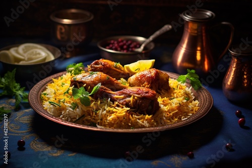 The royal feast of India, Biryani, cooked with flavorful spices, basmati rice, and tender chicken pieces