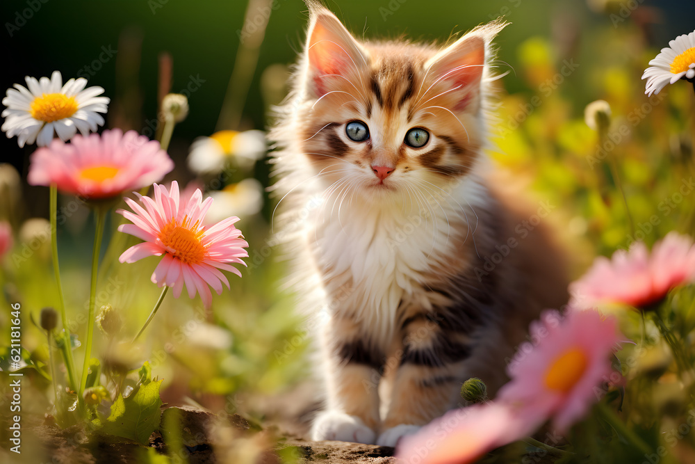 cute kitten sat in a flower meadow