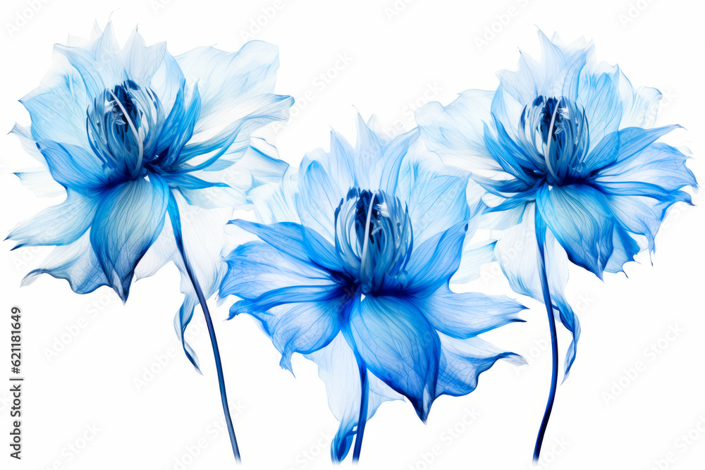 Group of blue flowers sitting on top of white table next to each other. Generative AI.