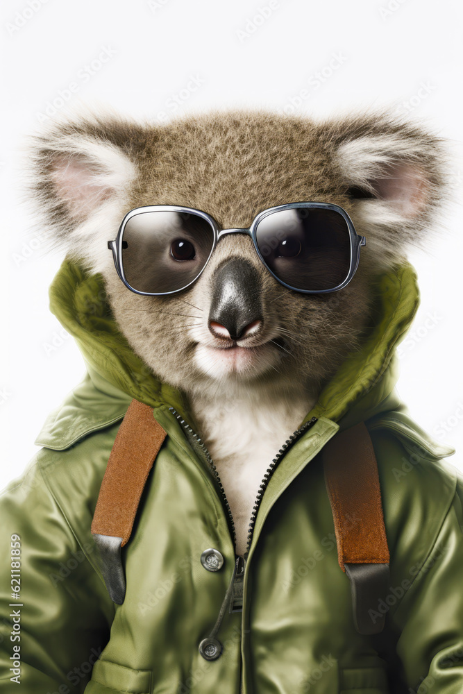 Koala wearing sunglasses and green jacket with brown leather belt. Generative AI.