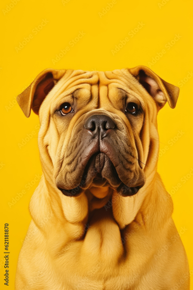 Close up of dog's face with bright yellow background. Generative AI.
