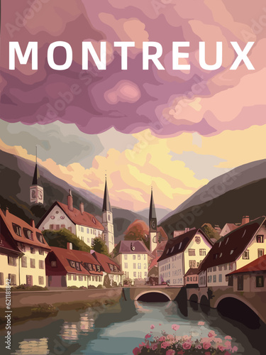 Montreux: Retro tourism poster with a Swiss landscape and the headline Montreux in Vaud