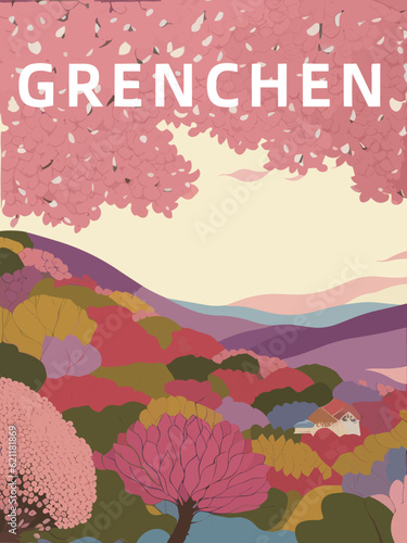 Grenchen: Retro tourism poster with a Swiss landscape and the headline Grenchen in Solothurn