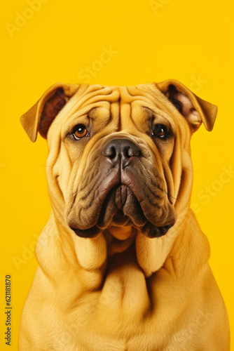 Close up of dog's face with bright yellow background. Generative AI. © valentyn640