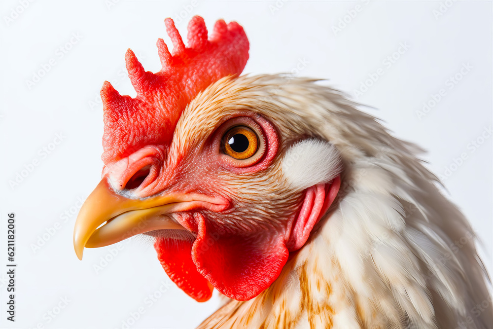 Close up of rooster's head with white and red background. Generative AI.