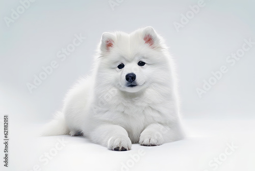 White dog sitting on top of white floor next to white wall. Generative AI.