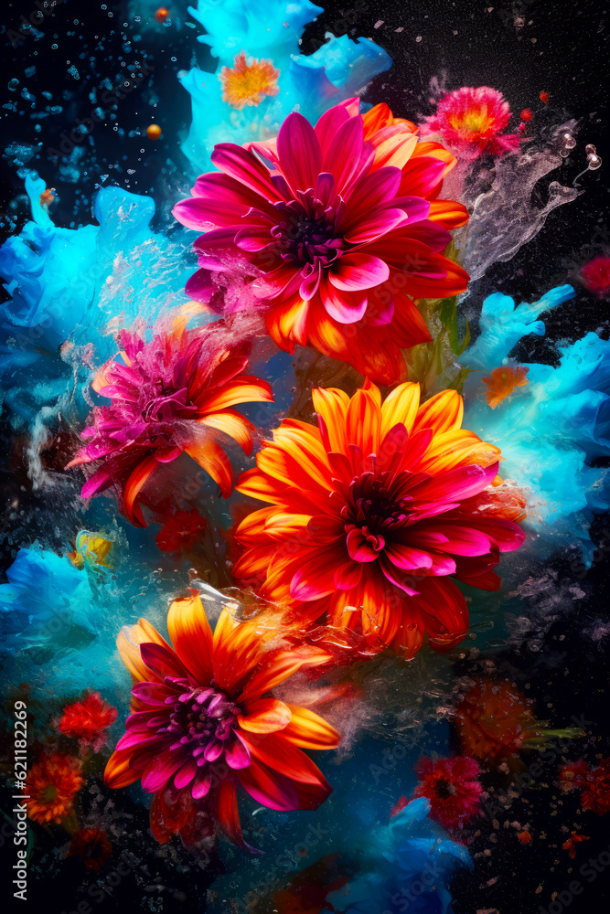 Group of colorful flowers floating in the air on top of body of water. Generative AI.