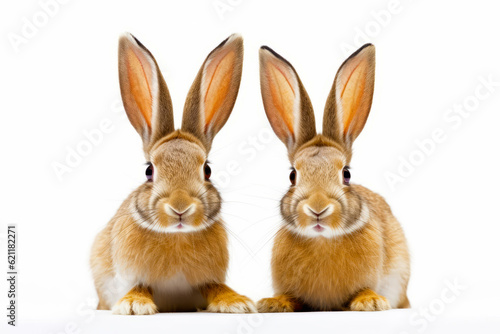 Couple of rabbits sitting next to each other on white surface with white background. Generative AI. © valentyn640
