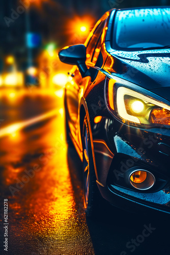 Close up of car's headlight on wet street. Generative AI.