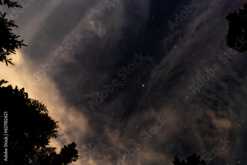 Starry sky looking up at the campsite