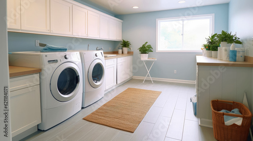 Interior clean white laundry room with front load washer and dryer units , condo, home, Created with Generative Ai Technology