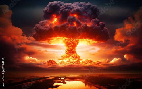 Nuclear explosions and mushroom clouds. Generative AI © omune