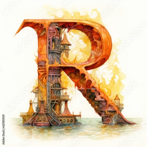 Capital Alphabet Letter R. Colorful Digital Drawing Watercolor. Generative AI illustration.