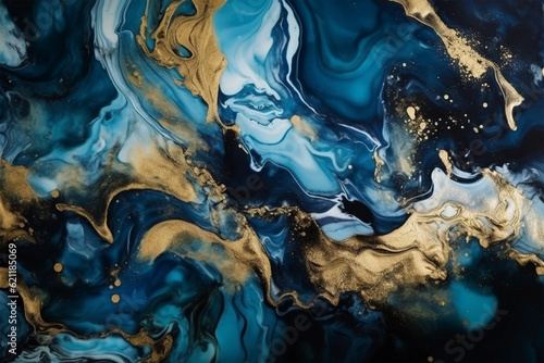 Abstract blue and gold alcohol ink art background. 